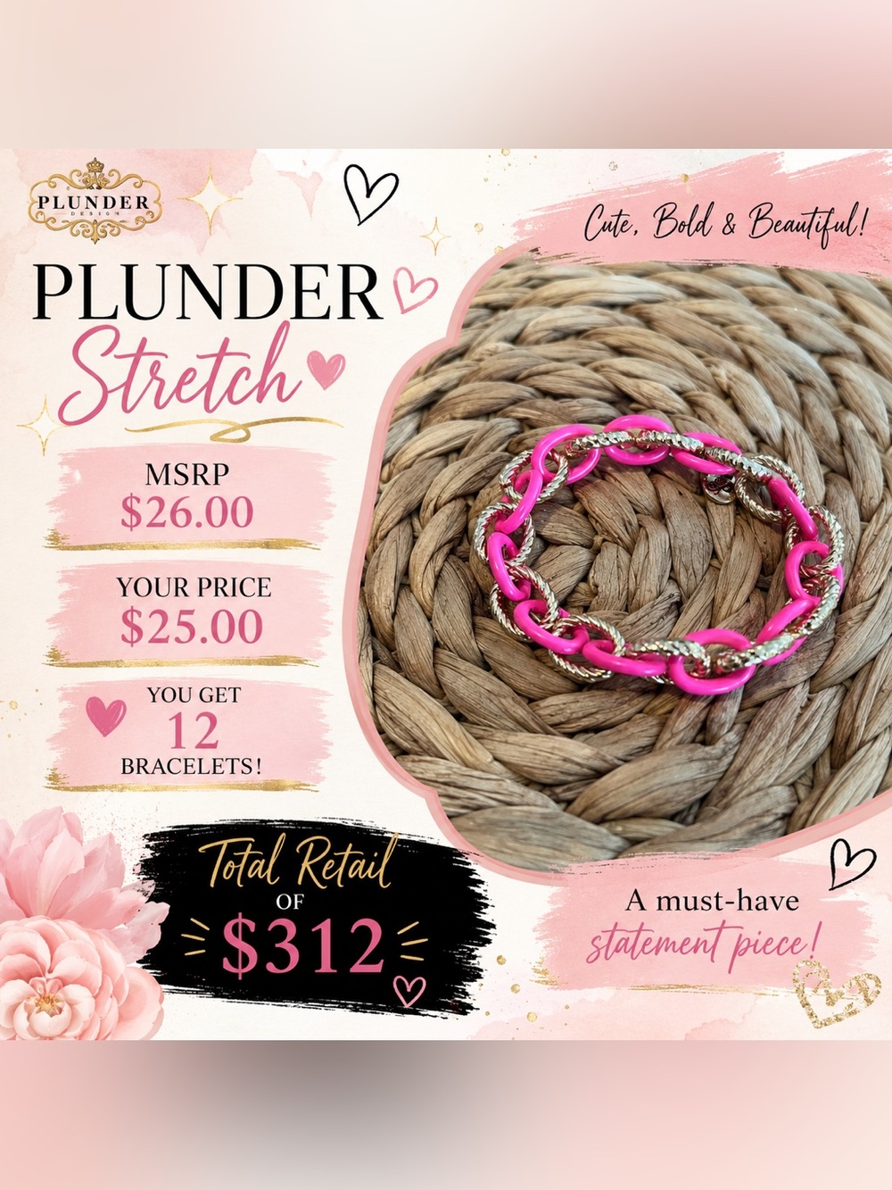 Plunder Hot Pink and Silver Chain-Link Stretch Bracelet